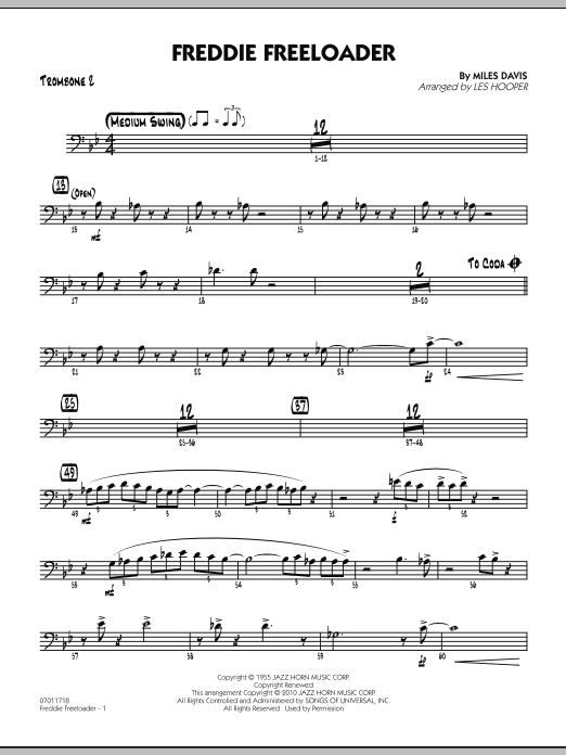 Learn to play Les Hooper Freddie Freeloader - Trombone 2 sheet music for Jazz Ensemble in minutes. Les Hooper Freddie Freeloader - Trombone 2 sheet music preview music notes and score for Jazz Ensemble including 2 page(s)