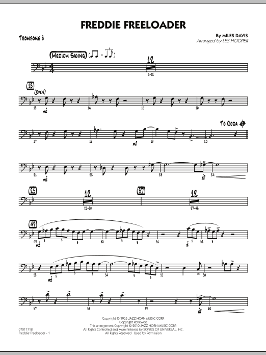 Learn to play Les Hooper Freddie Freeloader - Trombone 3 sheet music for Jazz Ensemble in minutes. Les Hooper Freddie Freeloader - Trombone 3 sheet music preview music notes and score for Jazz Ensemble including 2 page(s)