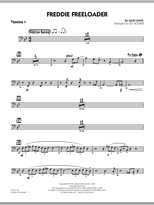 Learn to play Les Hooper Freddie Freeloader - Trombone 4 sheet music for Jazz Ensemble in minutes. Les Hooper Freddie Freeloader - Trombone 4 sheet music preview music notes and score for Jazz Ensemble including 2 page(s)