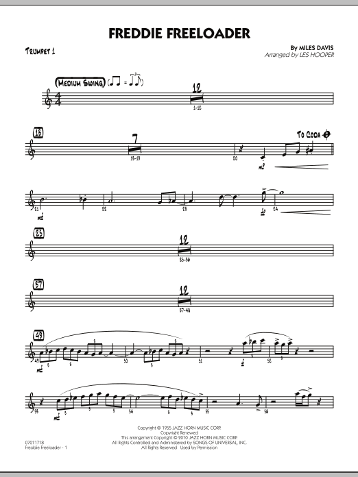 Learn to play Les Hooper Freddie Freeloader - Trumpet 1 sheet music for Jazz Ensemble in minutes. Les Hooper Freddie Freeloader - Trumpet 1 sheet music preview music notes and score for Jazz Ensemble including 2 page(s)