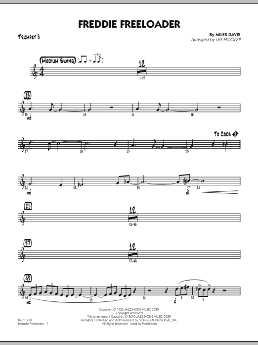 Learn to play Les Hooper Freddie Freeloader - Trumpet 3 sheet music for Jazz Ensemble in minutes. Les Hooper Freddie Freeloader - Trumpet 3 sheet music preview music notes and score for Jazz Ensemble including 2 page(s)