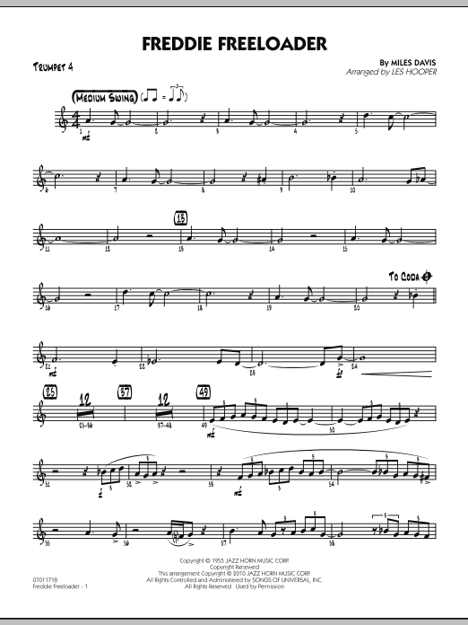 Learn to play Les Hooper Freddie Freeloader - Trumpet 4 sheet music for Jazz Ensemble in minutes. Les Hooper Freddie Freeloader - Trumpet 4 sheet music preview music notes and score for Jazz Ensemble including 2 page(s)