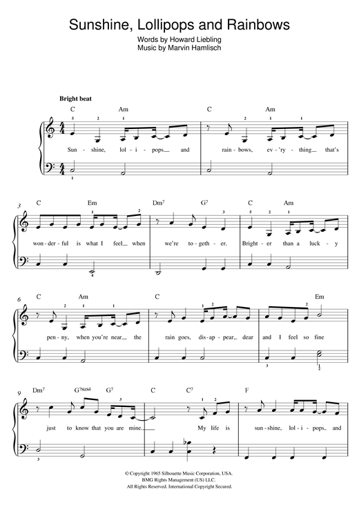 Lesley Gore Sunshine, Lollipops And Rainbows sheet music, chords, lyrics - Printable PDF for Beginner Piano