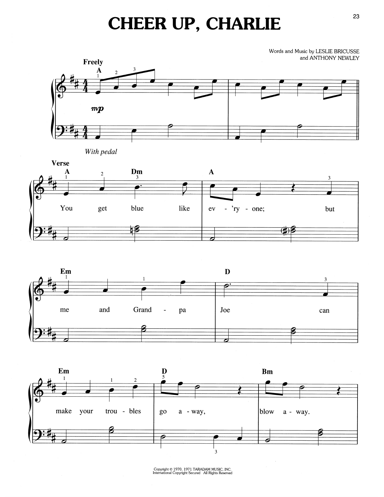 Leslie Bricusse & Anthony Newley Cheer Up, Charlie (from Willy Wonka & The Chocolate Factory) sheet music, chords, lyrics - Printable PDF for Easy Piano