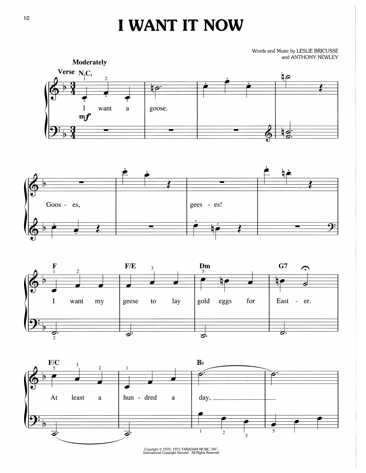 Leslie Bricusse & Anthony Newley I Want It Now (from Willy Wonka & The Chocolate Factory) sheet music, chords, lyrics - Printable PDF for Easy Piano