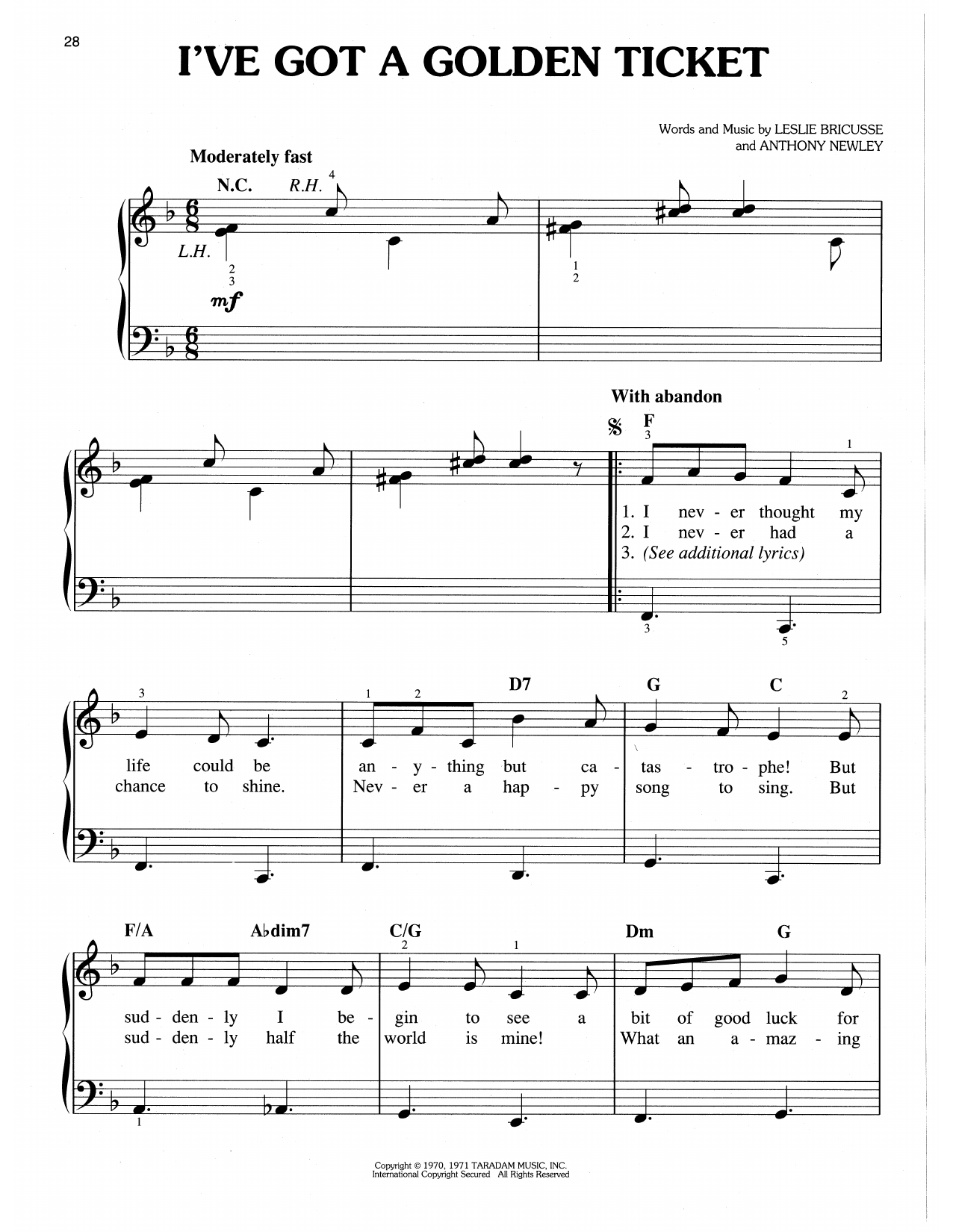 Leslie Bricusse & Anthony Newley I've Got A Golden Ticket (from Willy Wonka & The Chocolate Factory) sheet music, chords, lyrics - Printable PDF for Easy Piano