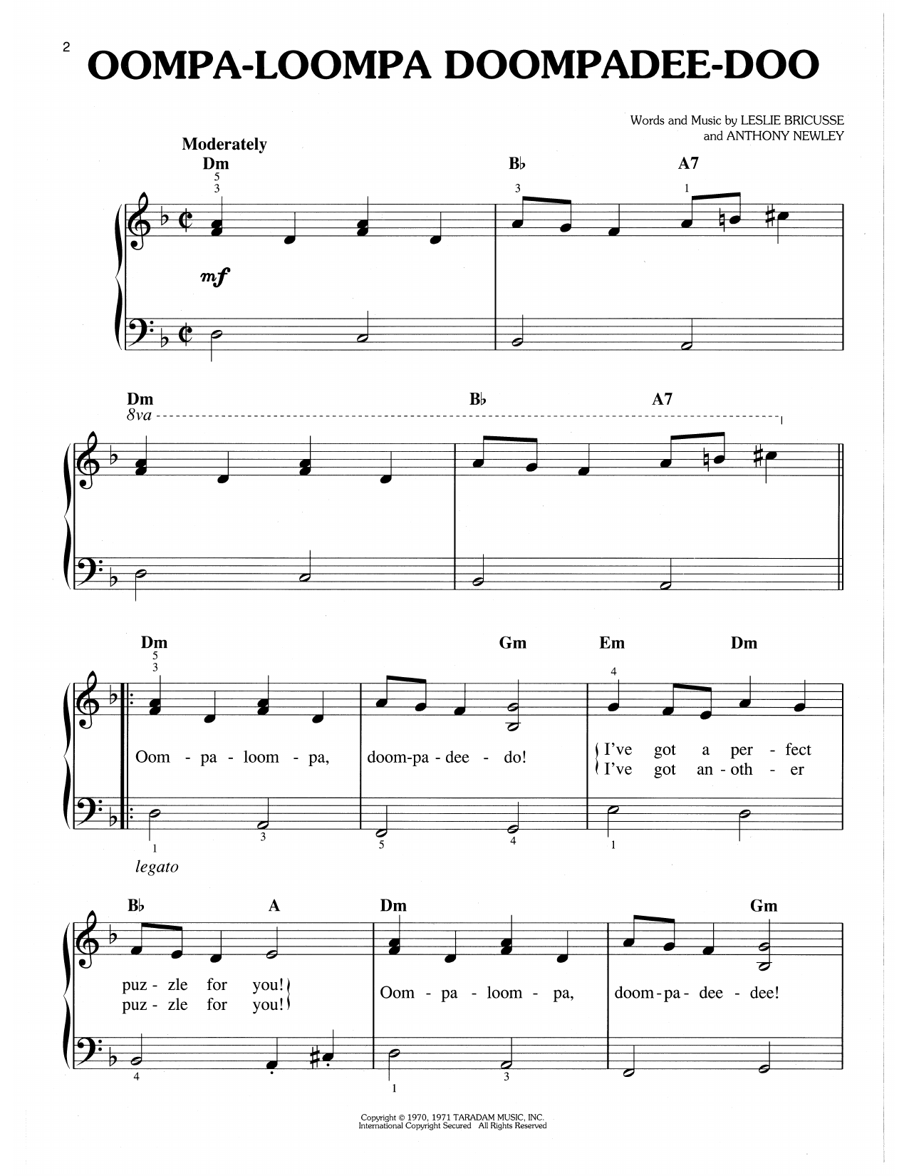 Leslie Bricusse & Anthony Newley Oompa-Loompa-Doompadee-Doo (from Willy Wonka & The Chocolate Factory) sheet music, chords, lyrics - Printable PDF for Easy Piano