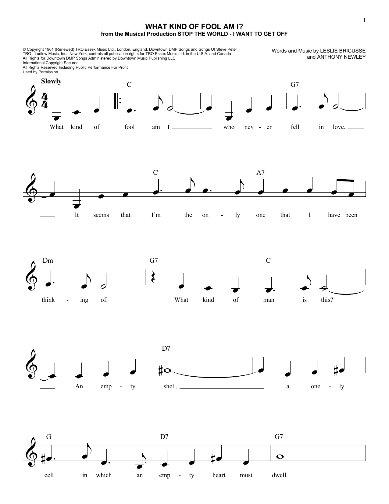 Leslie Bricusse and Anthony Newley What Kind Of Fool Am I? (from Stop The World - I Want To Get Off) sheet music, chords, lyrics - Printable PDF for Lead Sheet / Fake Book