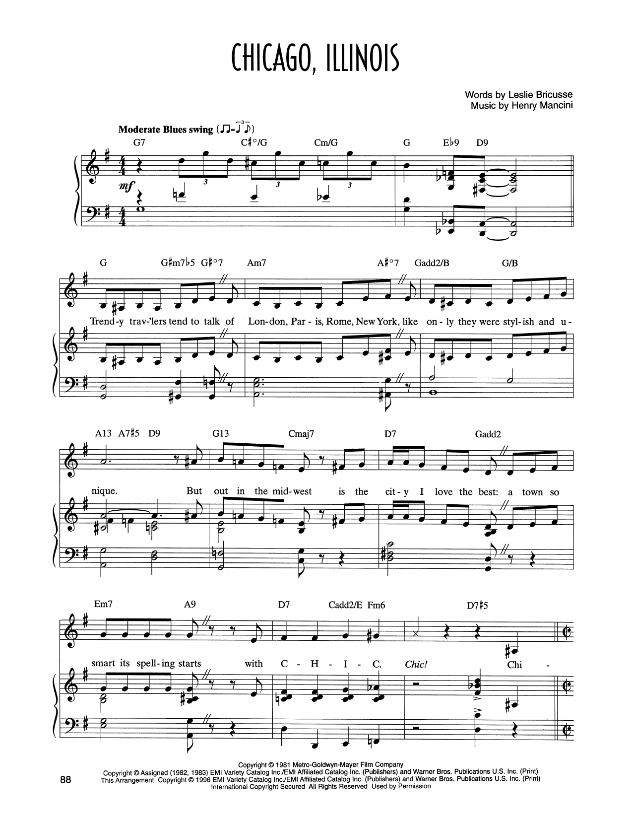 Leslie Bricusse and Henry Mancini Chicago, Illinois (from Victor/Victoria) sheet music, chords, lyrics - Printable PDF for Piano & Vocal