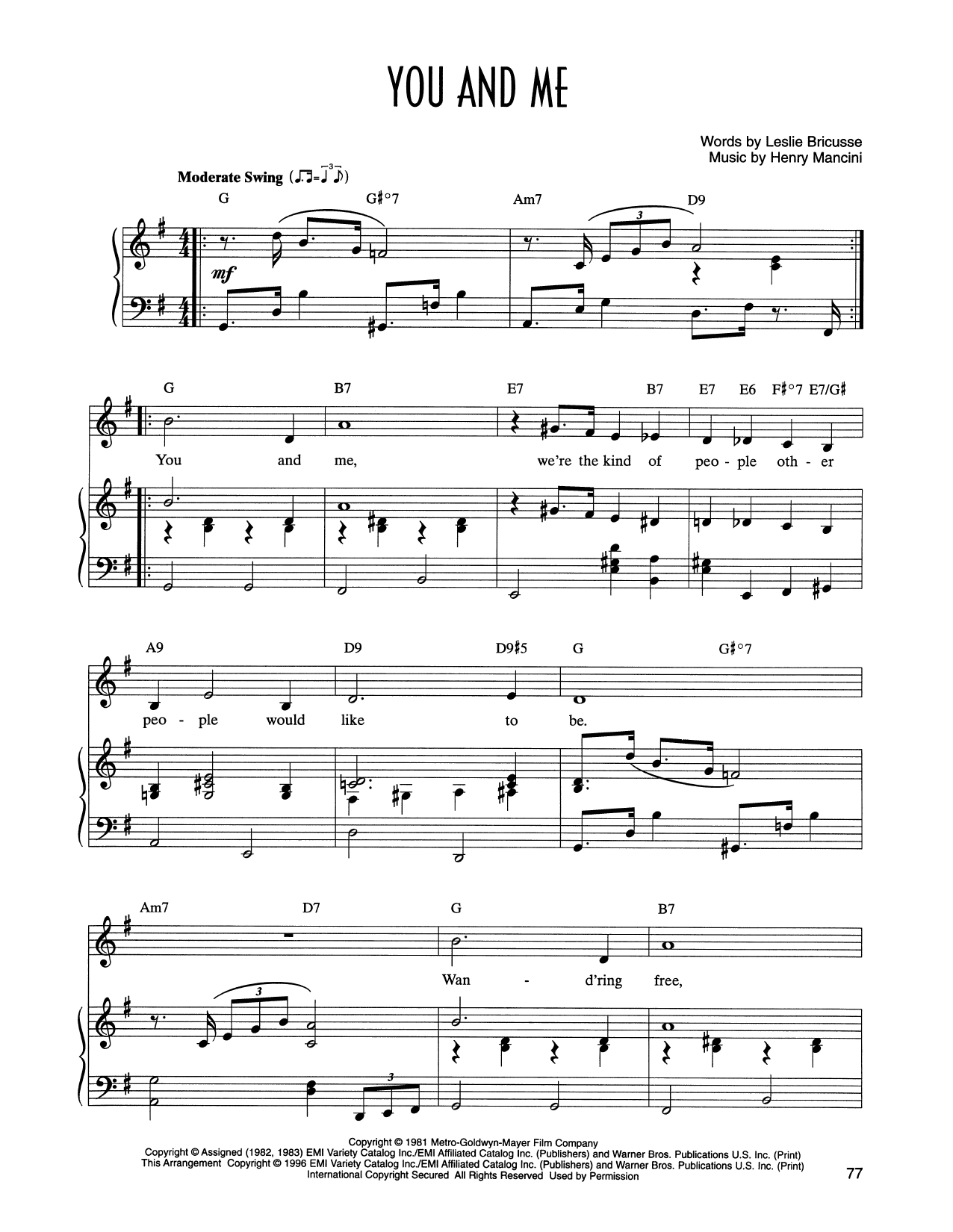 Leslie Bricusse and Henry Mancini You And Me (from Victor/Victoria) sheet music, chords, lyrics - Printable PDF for Piano & Vocal