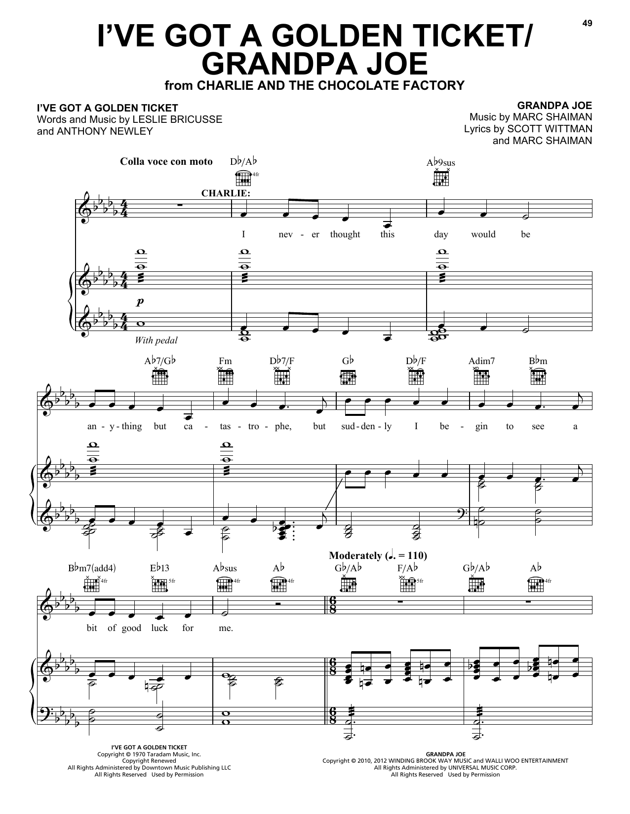 Leslie Bricusse I've Got A Golden Ticket / Grandpa Joe (from Charlie And The Chocolate Factory) sheet music, chords, lyrics - Printable PDF for Piano, Vocal & Guitar (Right-Hand Melody)