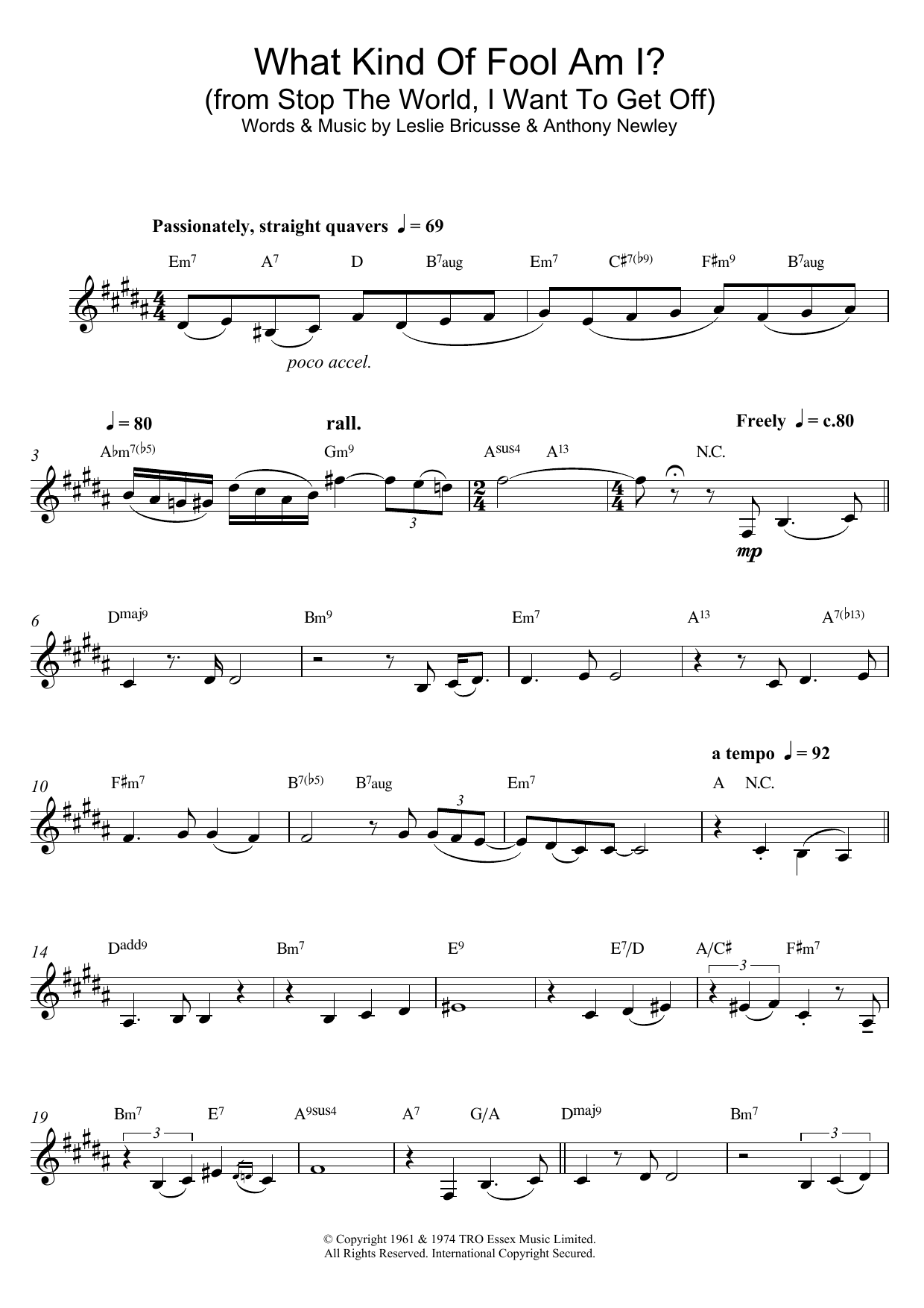 Leslie Bricusse What Kind Of Fool Am I? (from Stop The World, I Want To Get Off) sheet music, chords, lyrics - Printable PDF for Alto Saxophone