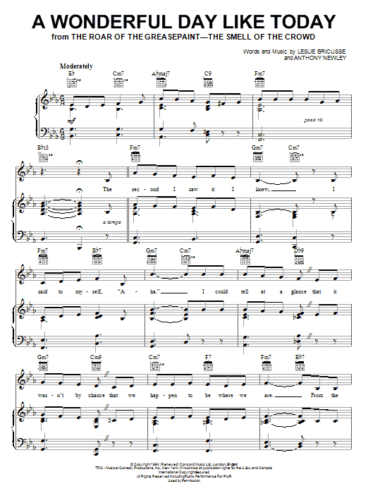 Learn to play Leslie Bricusse A Wonderful Day Like Today sheet music for Piano, Vocal & Guitar (Right-Hand Melody) in minutes. Leslie Bricusse A Wonderful Day Like Today sheet music notes and chords