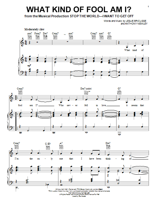 Learn to play Leslie Bricusse What Kind Of Fool Am I? sheet music for Lyrics & Chords in minutes. Leslie Bricusse What Kind Of Fool Am I? sheet music preview music notes and score for Lyrics & Chords including 2 page(s)