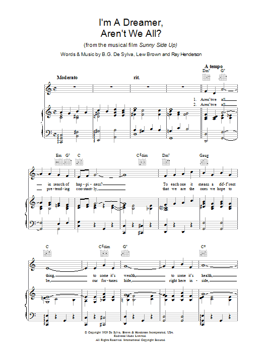 Lew Brown I'm A Dreamer, Aren't We All? sheet music, chords, lyrics - Printable PDF for Piano, Vocal & Guitar (Right-Hand Melody)