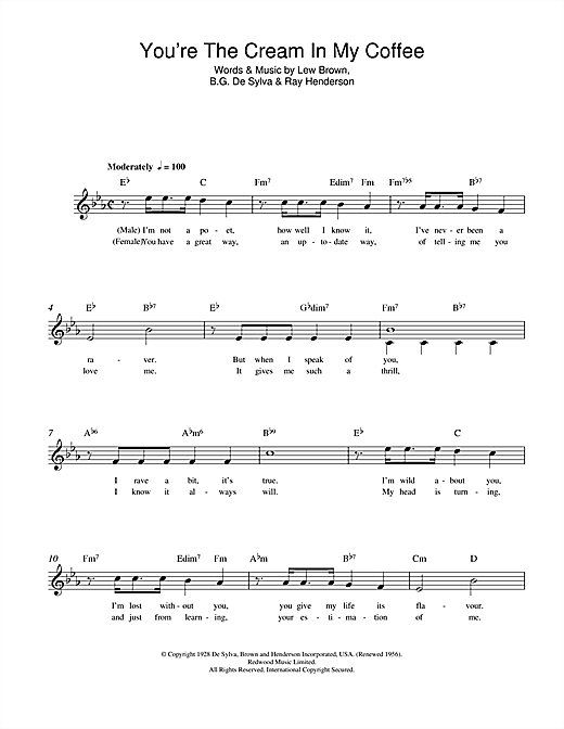 Learn to play Lew Brown You're The Cream In My Coffee sheet music for Melody Line, Lyrics & Chords in minutes. Lew Brown You're The Cream In My Coffee sheet music notes and chords