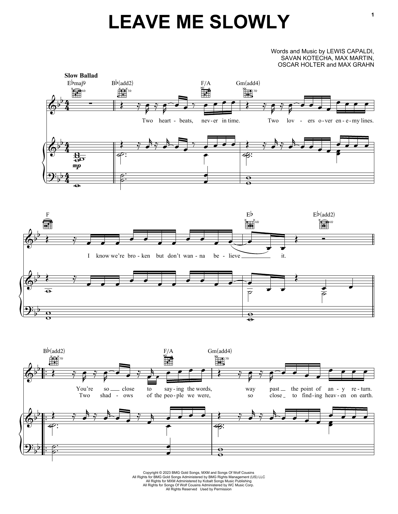 Download Lewis Capaldi Leave Me Slowly sheet music notes and chords for Piano, Vocal & Guitar Chords (Right-Hand Melody) - Download Printable PDF and start playing in minutes.