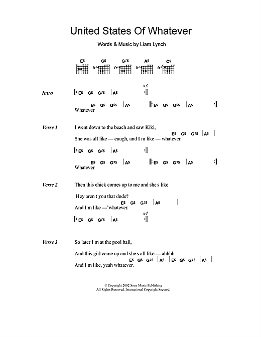 Learn to play Liam Lynch United States Of Whatever sheet music for Lyrics & Chords in minutes. Liam Lynch United States Of Whatever sheet music notes and chords