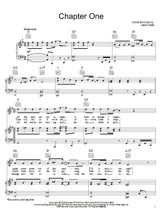 Learn to play Lifehouse Chapter One sheet music for Piano, Vocal & Guitar (Right-Hand Melody) in minutes. Lifehouse Chapter One sheet music preview music notes and score for Piano, Vocal & Guitar (Right-Hand Melody) including 4 page(s)