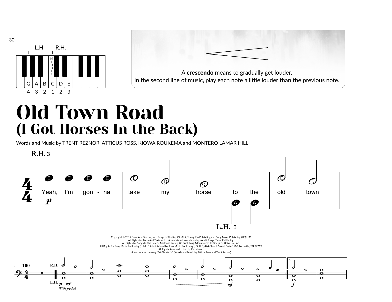 Lil Nas X feat. Billy Ray Cyrus Old Town Road (I Got The Horses In The Back) (arr. Brittany McCorriston) sheet music, chords, lyrics - Printable PDF for Very Beginner Piano