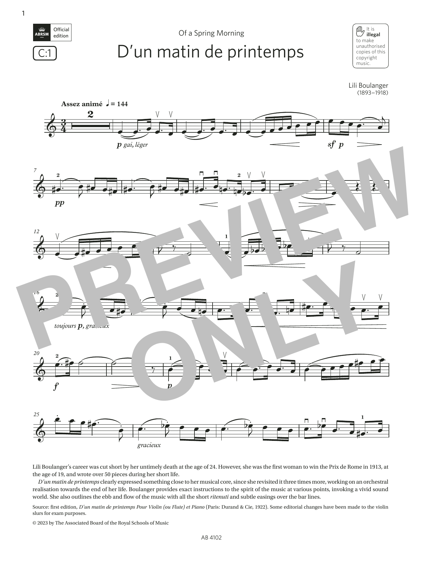Lili Boulanger D'un matin de printemps (Grade 8, C1, from the ABRSM Violin Syllabus from 2024) sheet music, chords, lyrics - Printable PDF for Violin Solo