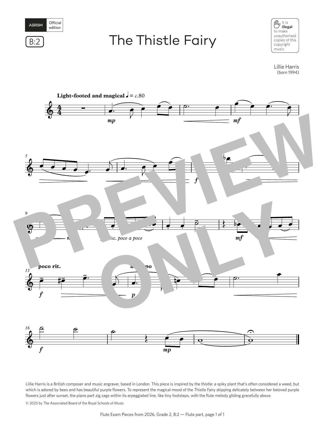 Lillie Harris The Thistle Fairy (Grade 2, list B2, from the ABRSM Flute Syllabus from 2026) sheet music, chords, lyrics - Printable PDF for Flute Solo