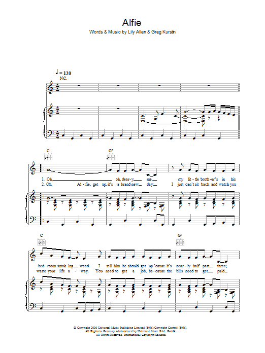 Lily Allen Alfie sheet music preview music notes and score for Piano, Vocal & Guitar (Right-Hand Melody) including 4 page(s)