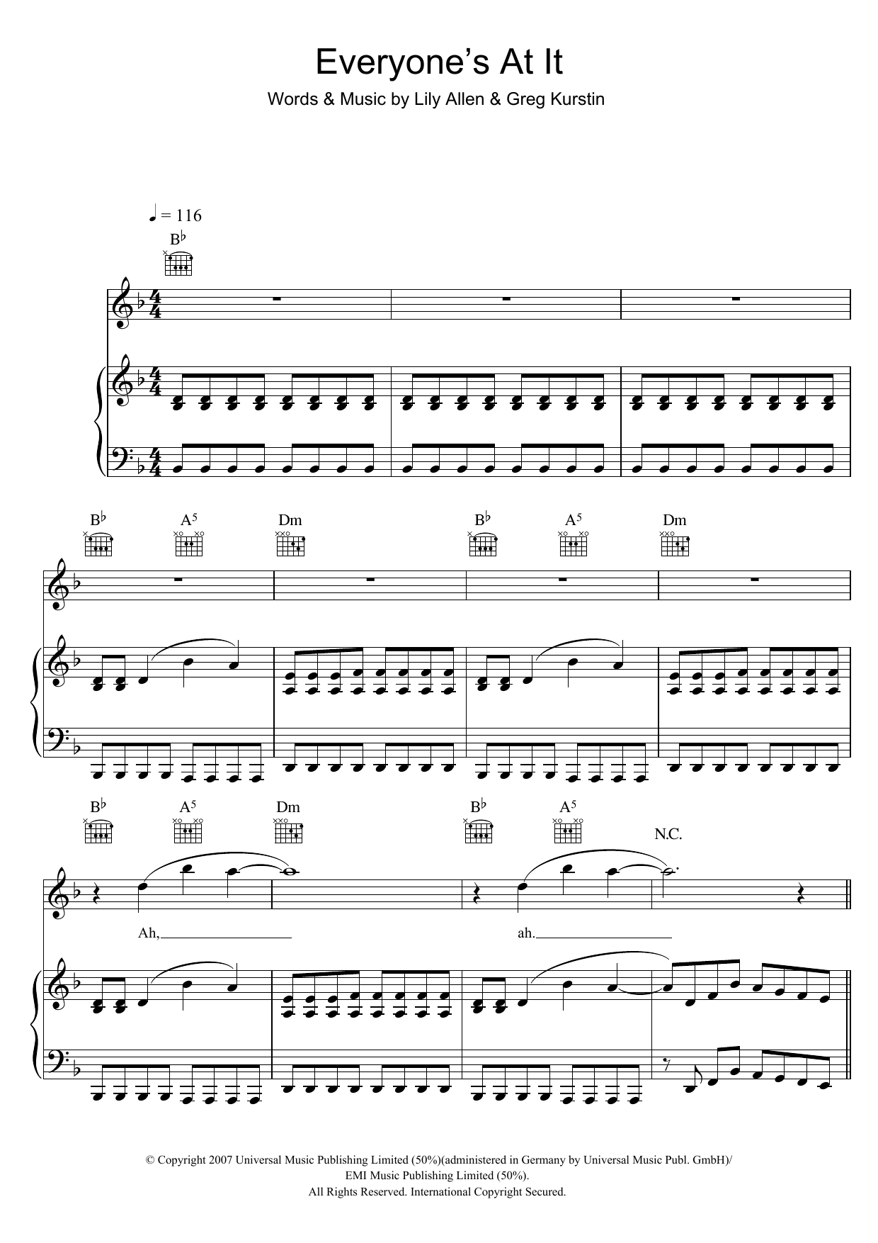 Lily Allen Everyone's At It sheet music preview music notes and score for Piano, Vocal & Guitar including 7 page(s)