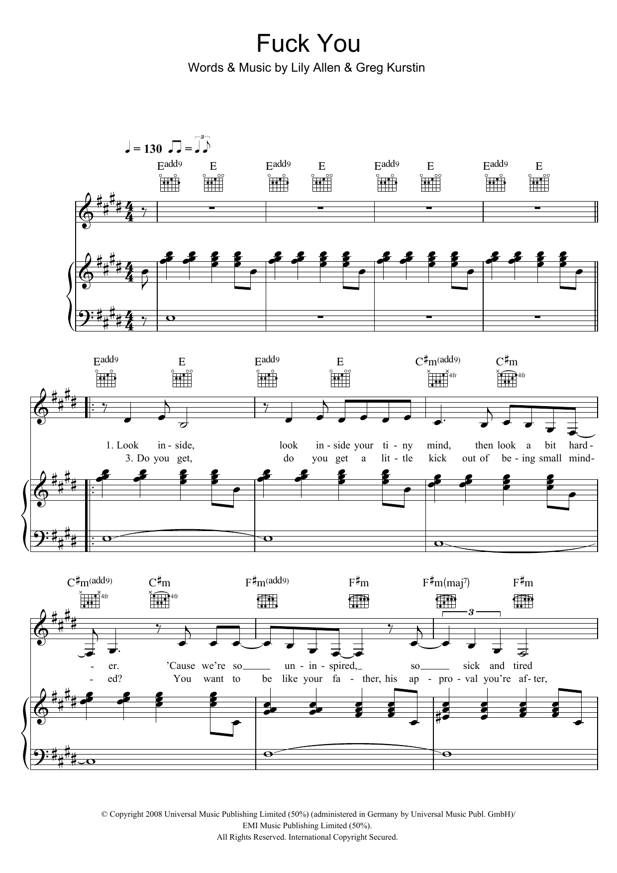 Lily Allen Fuck You sheet music preview music notes and score for Piano, Vocal & Guitar including 5 page(s)