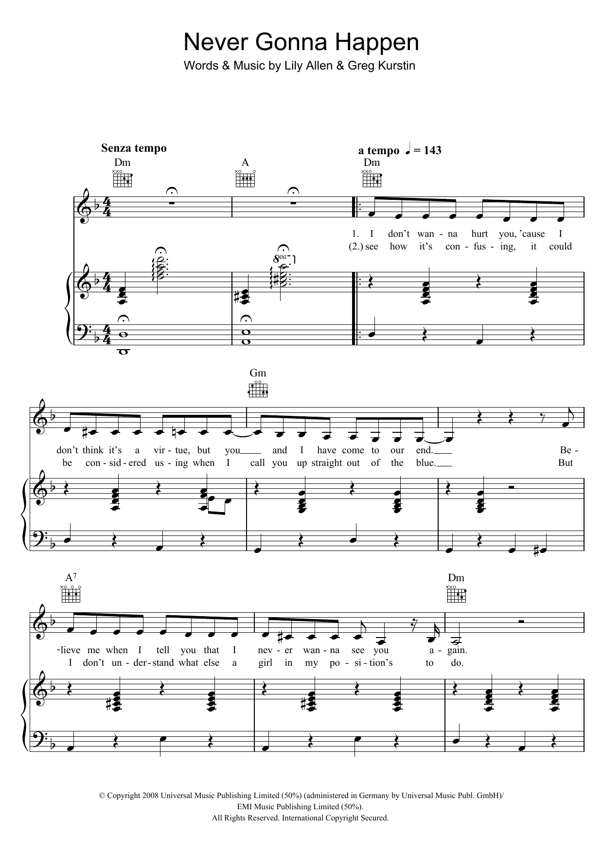 Lily Allen Never Gonna Happen sheet music preview music notes and score for Piano, Vocal & Guitar including 5 page(s)