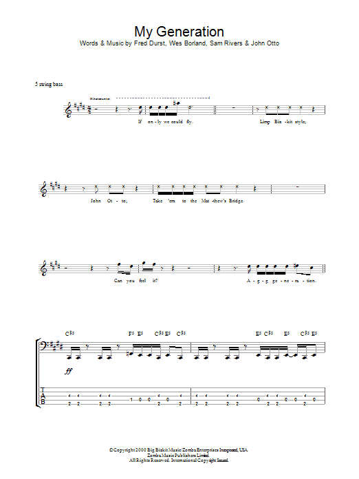 Limp Bizkit My Generation sheet music preview music notes and score for Guitar Tab including 10 page(s)