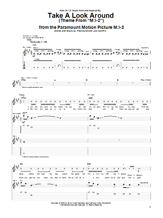 Learn to play Limp Bizkit Take A Look Around (theme from Mission Impossible 2) sheet music for Guitar Tab in minutes. Limp Bizkit Take A Look Around (theme from Mission Impossible 2) sheet music preview music notes and score for Guitar Tab including 9 page(s)