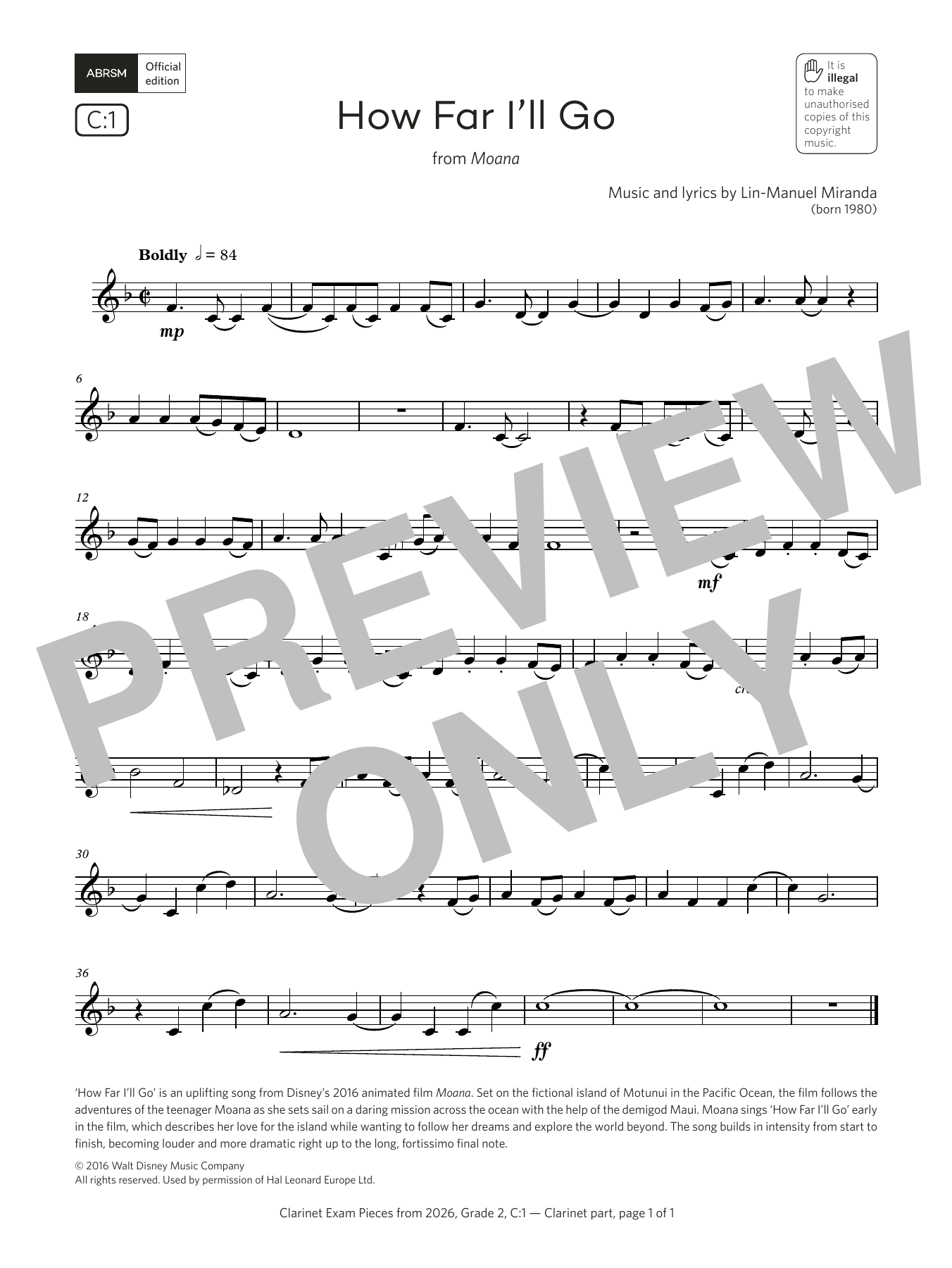Lin-Manuel Miranda How Far I'll Go (Grade 2, list C1, from the ABRSM Clarinet Syllabus from 2026) sheet music, chords, lyrics - Printable PDF for Clarinet Solo