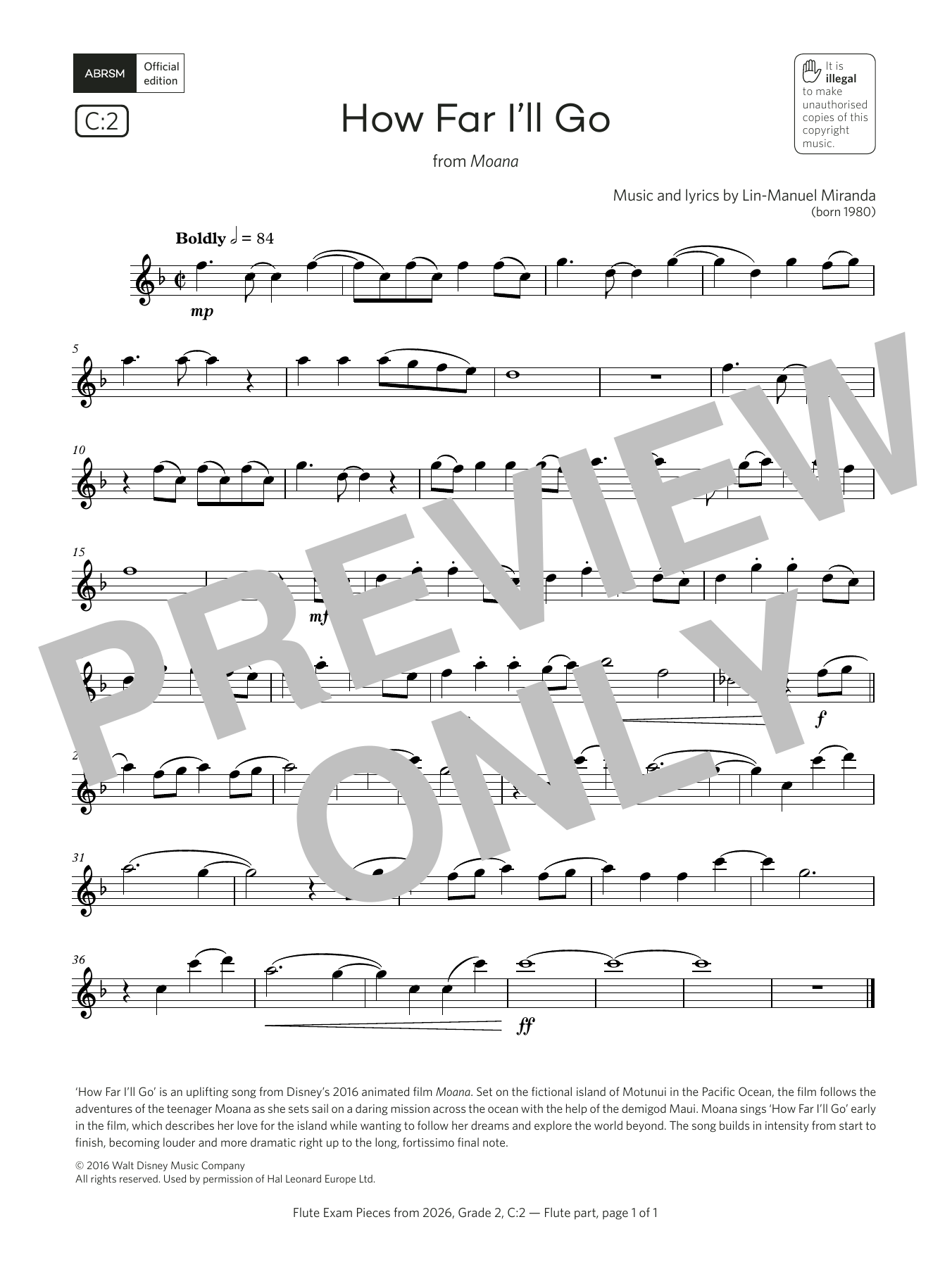 Lin-Manuel Miranda How Far I'll Go (Grade 2, list C2, from the ABRSM Flute Syllabus from 2026) sheet music, chords, lyrics - Printable PDF for Flute Solo