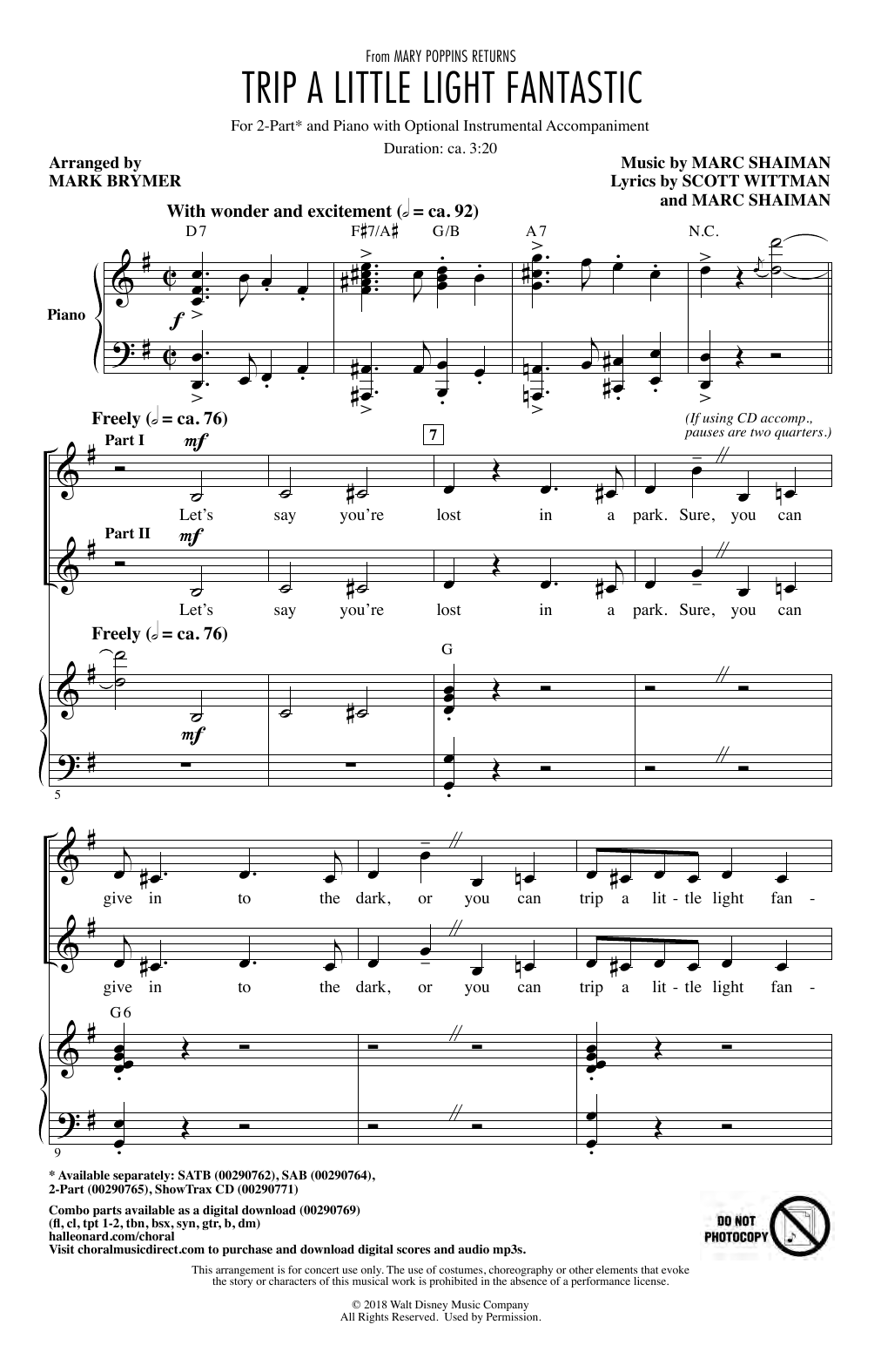 Lin-Manuel Miranda Trip A Little Light Fantastic (from Mary Poppins Returns) (arr. Mark Brymer) sheet music, chords, lyrics - Printable PDF for SAB Choir