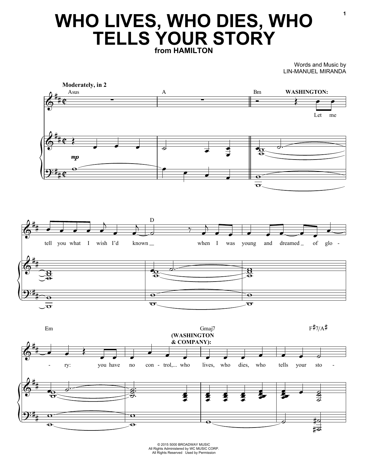 Lin-Manuel Miranda Who Lives, Who Dies, Who Tells Your Story (from Hamilton) sheet music, chords, lyrics - Printable PDF for Big Note Piano
