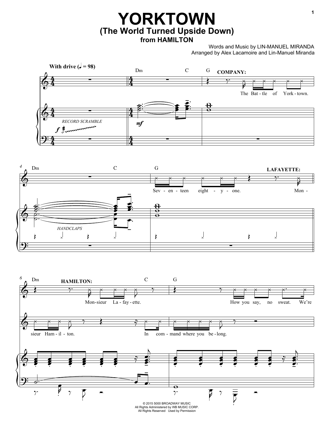Lin-Manuel Miranda Yorktown (The World Turned Upside Down) (from Hamilton) sheet music, chords, lyrics - Printable PDF for Piano & Vocal