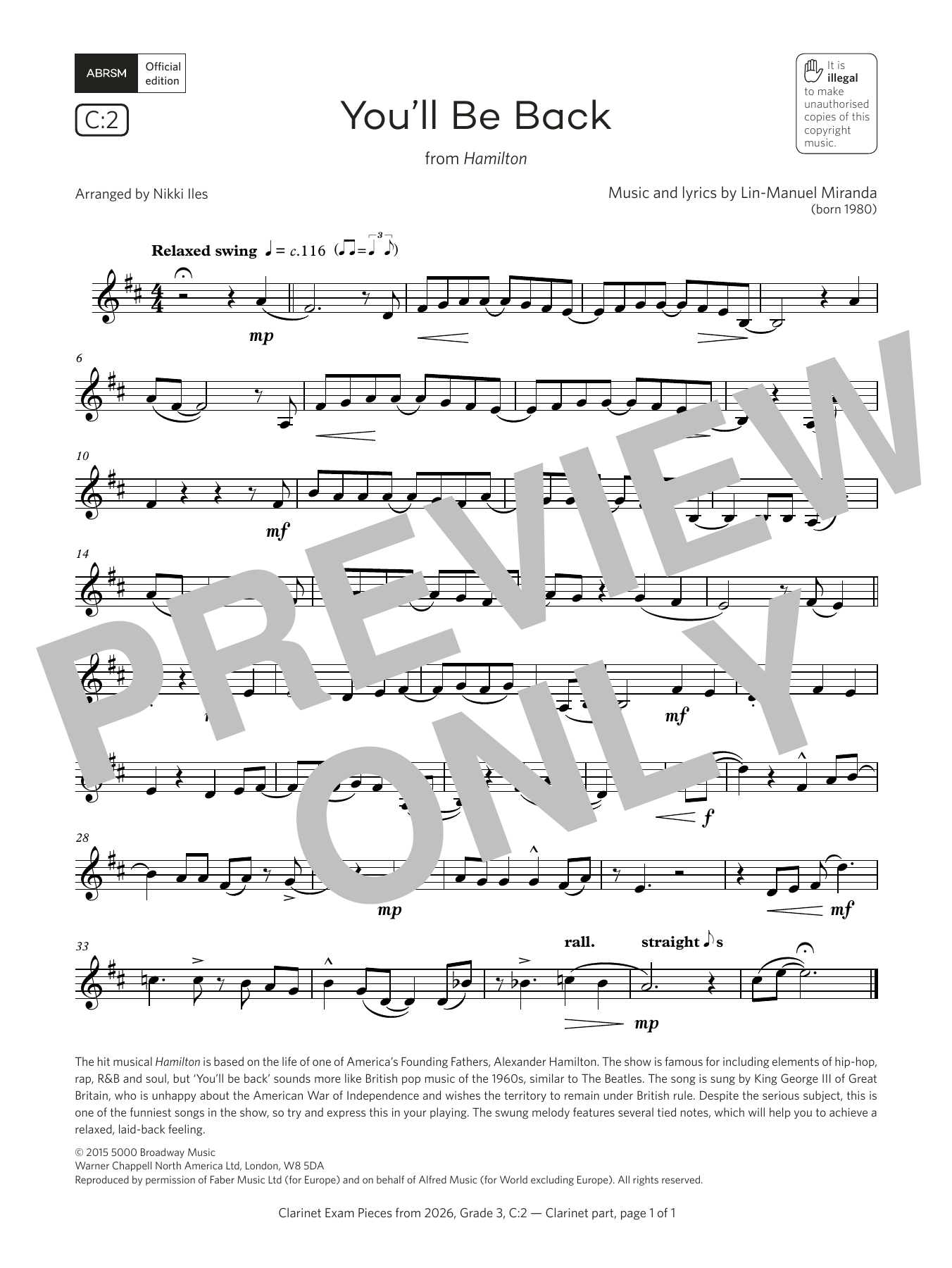 Lin-Manuel Miranda You'll Be Back (Grade 3, list C2, from the ABRSM Clarinet Syllabus from 2026) sheet music, chords, lyrics - Printable PDF for Clarinet Solo