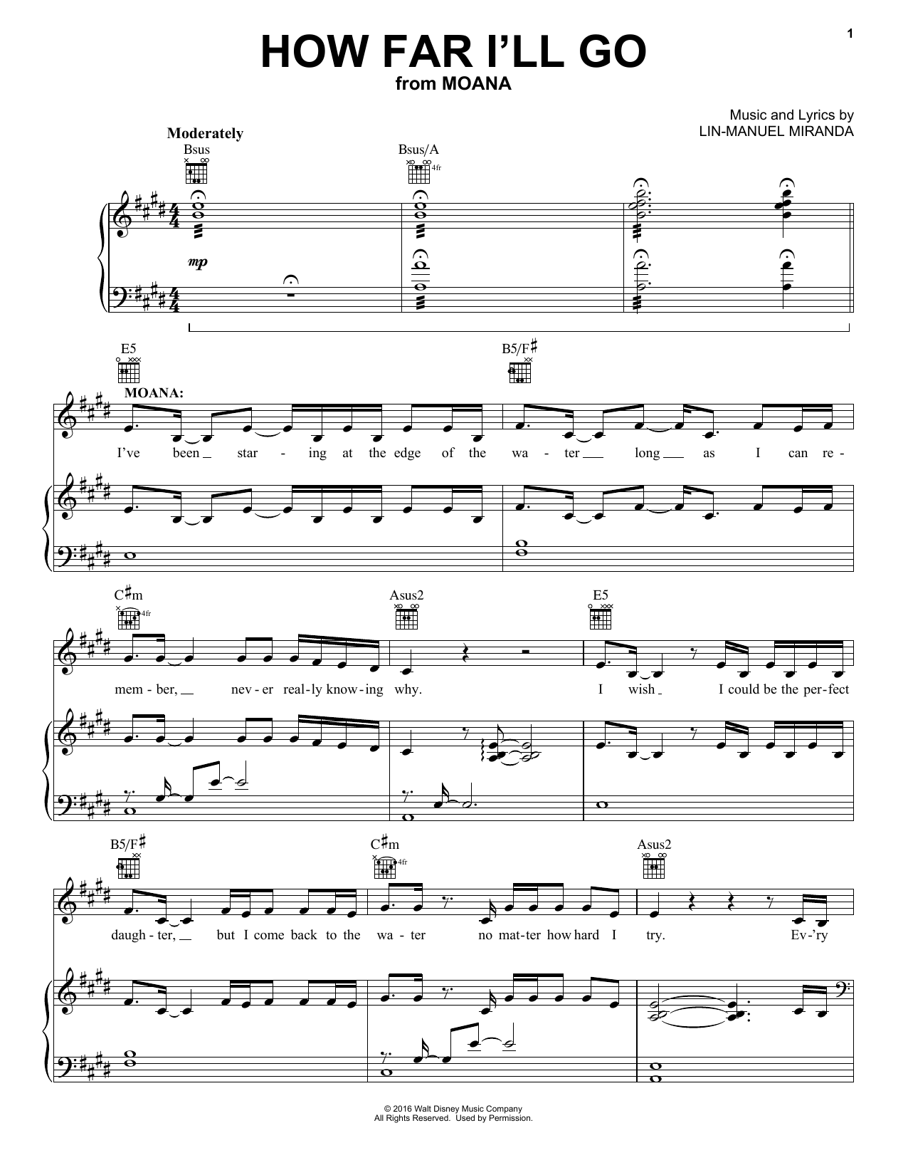 Lin-Manuel Miranda How Far I'll Go (from Moana) sheet music preview music notes and score for Vibraphone Solo including 2 page(s)