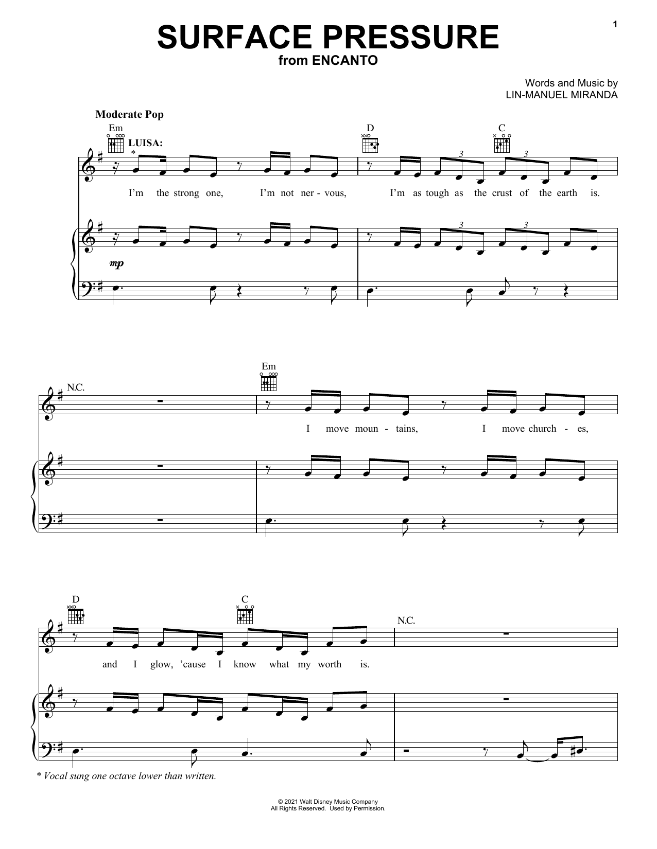 Lin-Manuel Miranda Surface Pressure (from Encanto) sheet music preview music notes and score for Piano, Vocal & Guitar Chords (Right-Hand Melody) including 8 page(s)