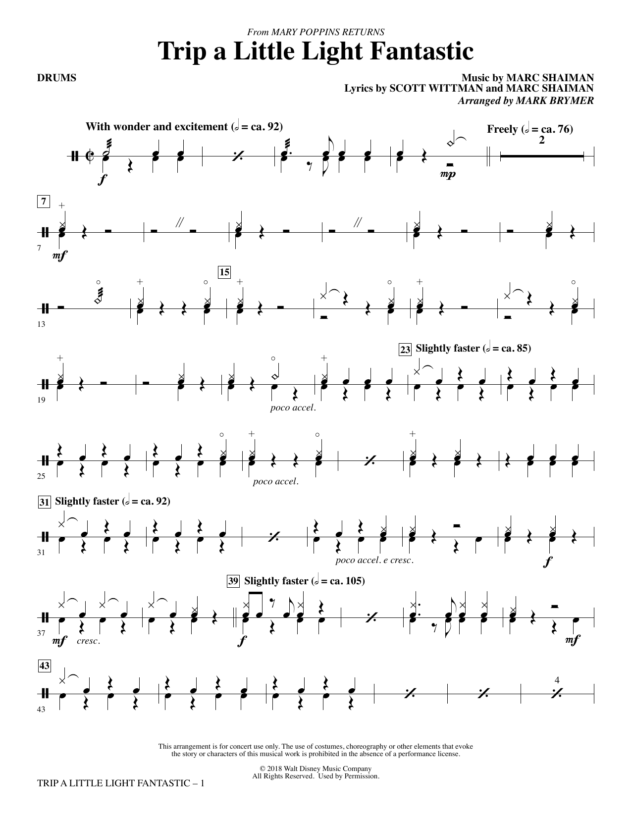 Learn to play Lin-Manuel Miranda Trip a Little Light Fantastic (from Mary Poppins Returns) (arr. Mark Brymer) - Drums sheet music for Choir Instrumental Pak in minutes. Lin-Manuel Miranda Trip a Little Light Fantastic (from Mary Poppins Returns) (arr. Mark Brymer) - Drums sheet music preview music notes and score for Choir Instrumental Pak including 3 page(s)
