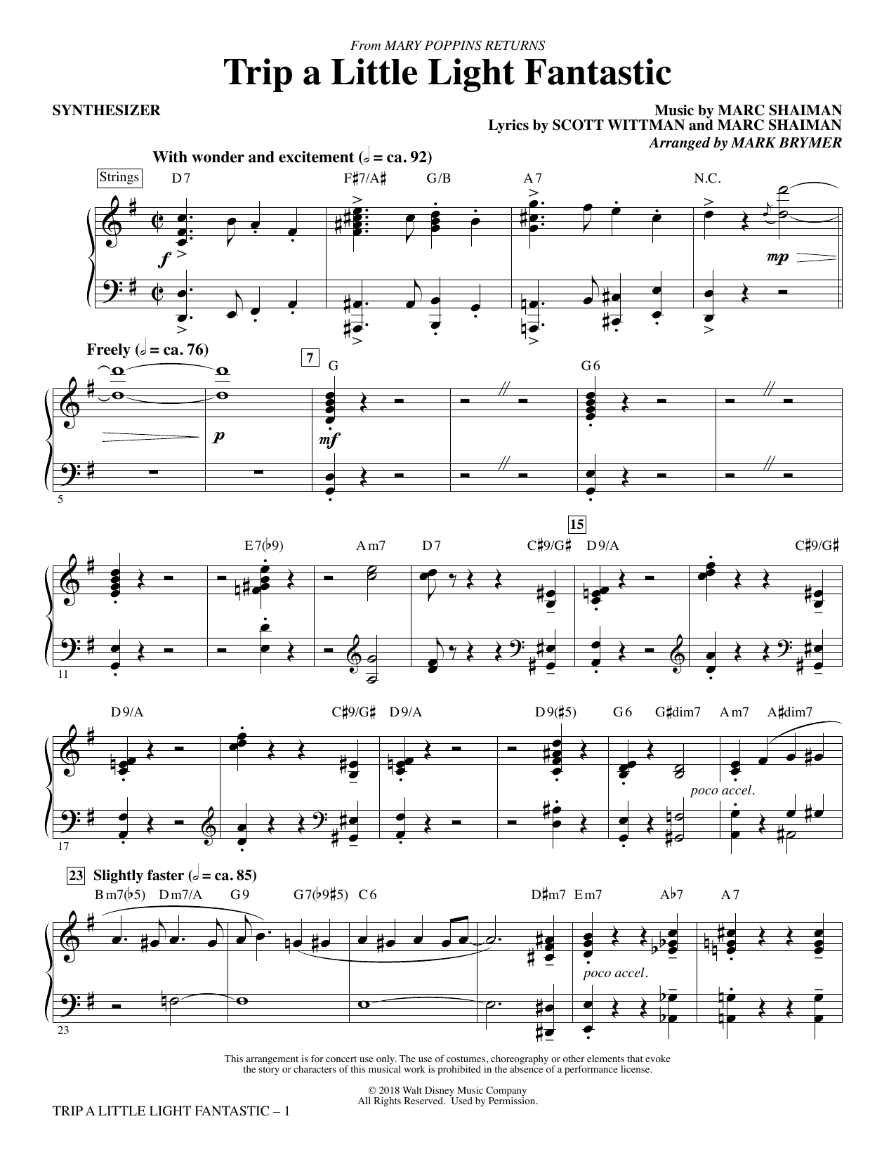 Learn to play Lin-Manuel Miranda Trip a Little Light Fantastic (from Mary Poppins Returns) (arr. Mark Brymer) - Synthesizer sheet music for Choir Instrumental Pak in minutes. Lin-Manuel Miranda Trip a Little Light Fantastic (from Mary Poppins Returns) (arr. Mark Brymer) - Synthesizer sheet music preview music notes and score for Choir Instrumental Pak including 5 page(s)