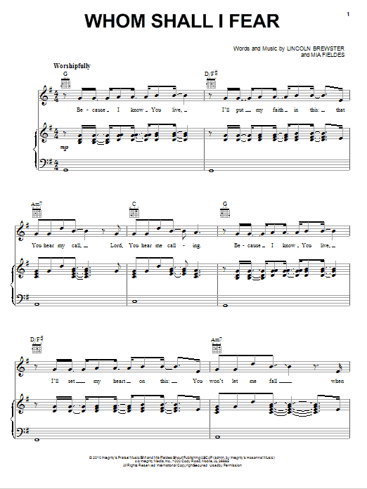 Learn to play Lincoln Brewster Whom Shall I Fear sheet music for Piano, Vocal & Guitar (Right-Hand Melody) in minutes. Lincoln Brewster Whom Shall I Fear sheet music notes and chords