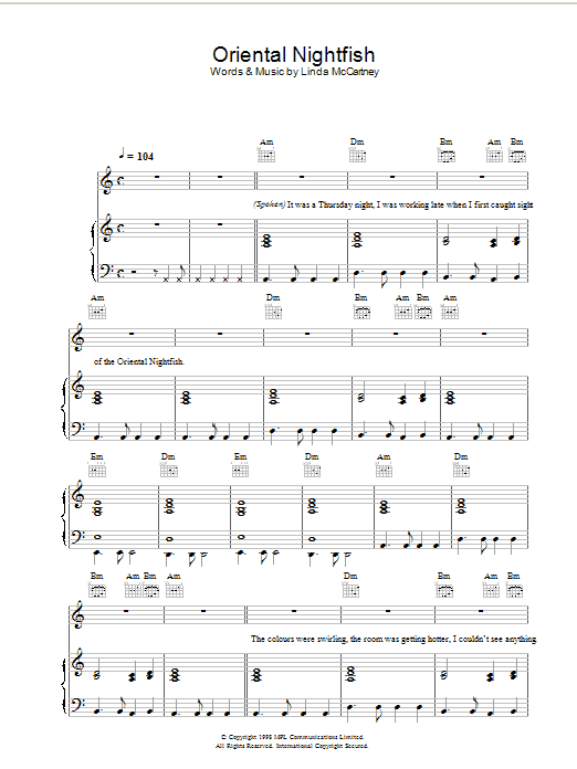 Linda McCartney Oriental Nightfish sheet music, chords, lyrics - Printable PDF for Piano, Vocal & Guitar