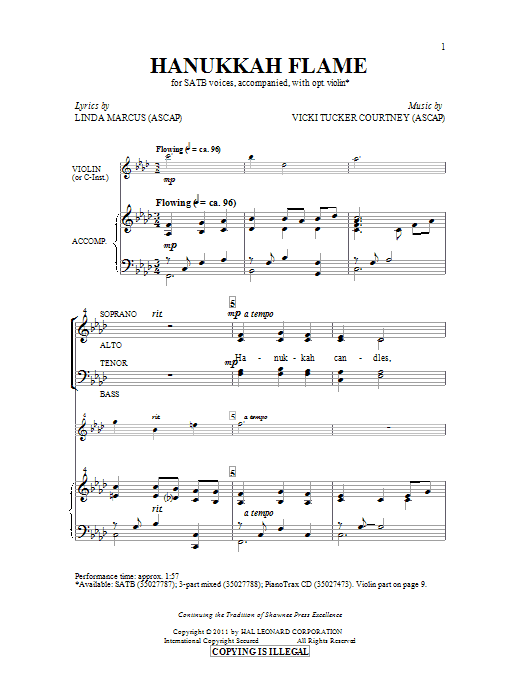 Learn to play Vicki Tucker Courtney Hanukkah Flame sheet music for SATB in minutes. Vicki Tucker Courtney Hanukkah Flame sheet music preview music notes and score for SATB including 9 page(s)