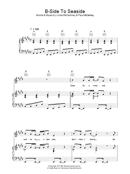 Linda McCartney B-Side To Seaside sheet music preview music notes and score for Piano, Vocal & Guitar (Right-Hand Melody) including 6 page(s)
