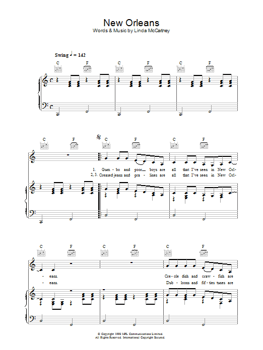 Learn to play Linda McCartney New Orleans sheet music for Piano, Vocal & Guitar (Right-Hand Melody) in minutes. Linda McCartney New Orleans sheet music preview music notes and score for Piano, Vocal & Guitar (Right-Hand Melody) including 5 page(s)