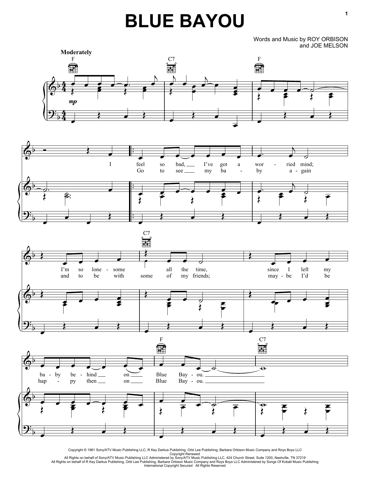 Linda Ronstadt Blue Bayou sheet music preview music notes and score for Piano, Vocal & Guitar (Right-Hand Melody) including 3 page(s)