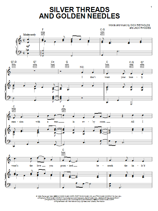 Learn to play Linda Ronstadt Silver Threads And Golden Needles sheet music for Piano, Vocal & Guitar (Right-Hand Melody) in minutes. Linda Ronstadt Silver Threads And Golden Needles sheet music notes and chords
