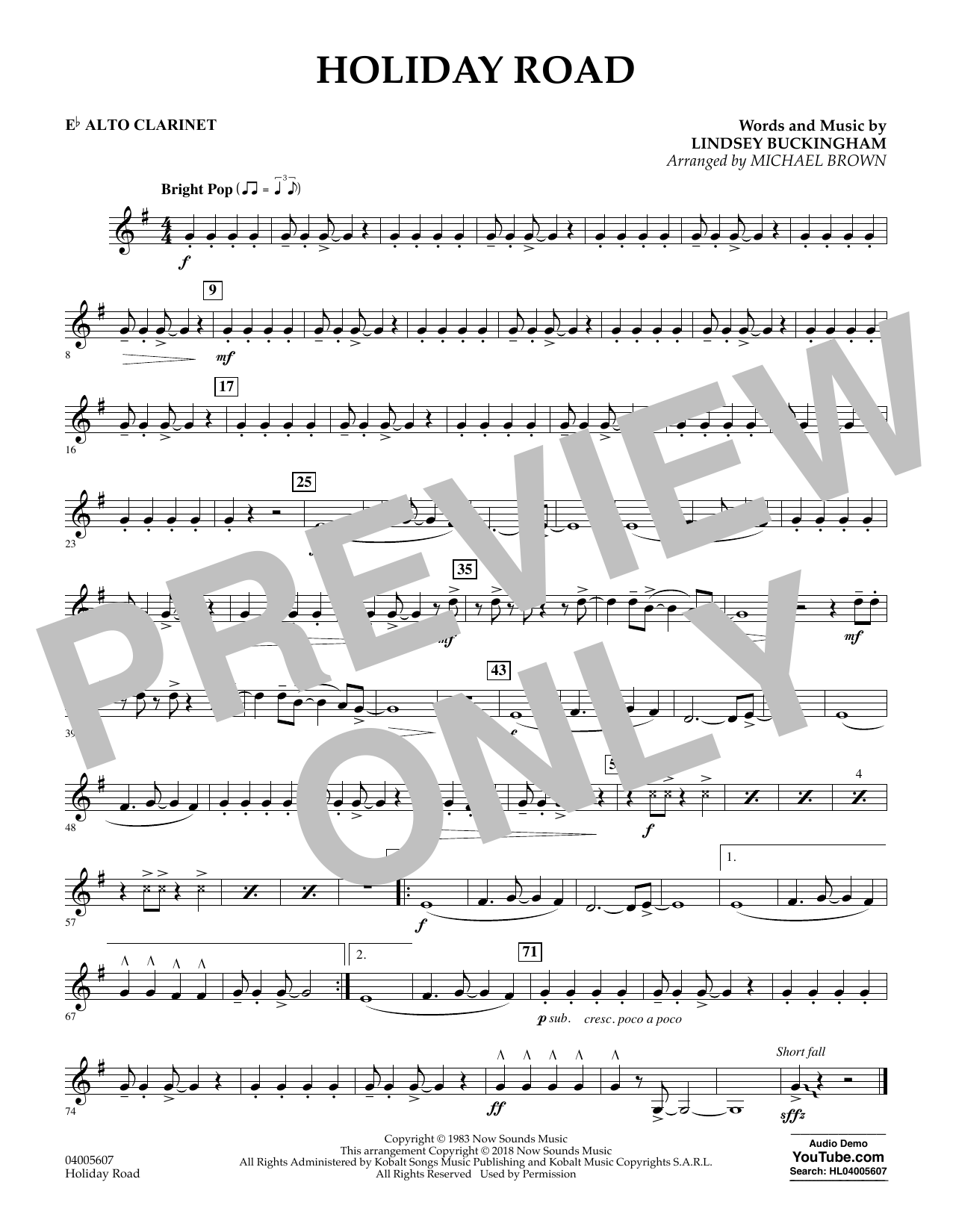 Learn to play Lindsey Buckingham Holiday Road (from National Lampoon's Vacation) (arr. Michael Brown) - Eb Alto Clarinet sheet music for Concert Band in minutes. Lindsey Buckingham Holiday Road (from National Lampoon's Vacation) (arr. Michael Brown) - Eb Alto Clarinet sheet music preview music notes and score for Concert Band including 1 page(s)